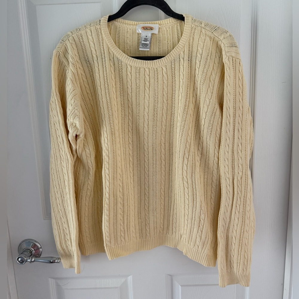 Talbots Butter Yellow Vintage Cable Crew Knit Sweater 100% Cotton Size Medium